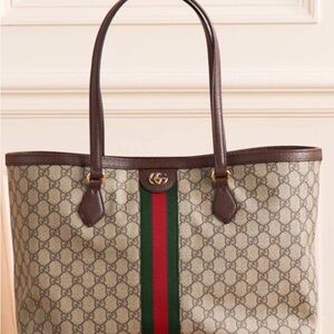 Gucci Brown GG Supreme Tote with Red and Green Center Stripe